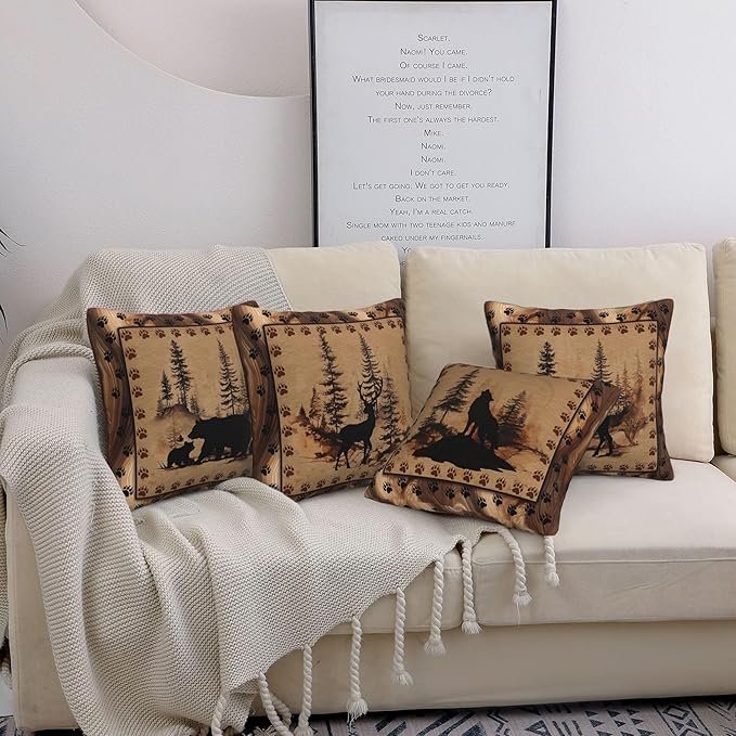 Deer Wolf Throw Pillow Covers 18 X 18 Inch Set of 4 Decorative Cushion Cover Home Decor for Sofa Chair Couch Bedroom Living Room