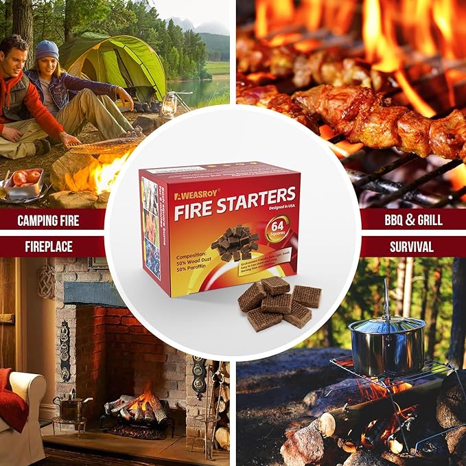 Fire Starter Squares 64 - Fire Starters for Fireplace,Chimney,BBQ Grill,Camping Fire,Wood Stove - Water Resistant and Safe Odourless - Camping Accessories