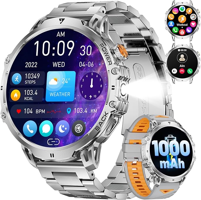 Military Smart Watch for Men, 1.85" HD Large Screen, Bluetooth Call/1000mAh/Flashlight/Heart Rate Sleep Monitor, 110+ Sports Modes Fitness Tracker Watch for Android iOS, Holiday, Silver Steel