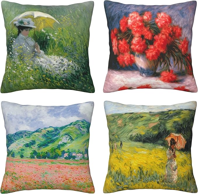 Monet Throw Pillow Covers 18 X 18 Inch Set of 4 Decorative Cushion Cover Home Decor for Sofa Chair Couch Bedroom Living Room