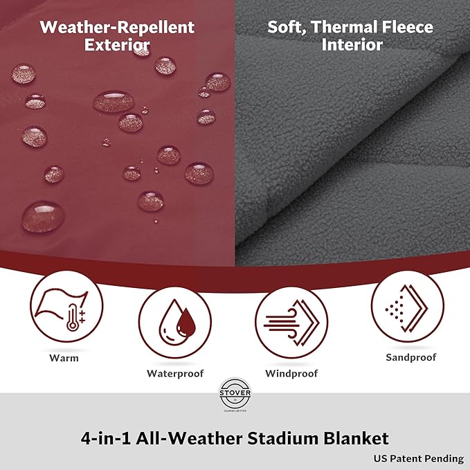 STOVER Large Waterproof Outdoor Stadium Blanket- Extra Thick Soft Fleece Camping Blanket for Travel, Picnics, Sports, 79"x55", Warm, Windproof, Sand-Proof, Lightweight, Packable (Game Day Crimson)
