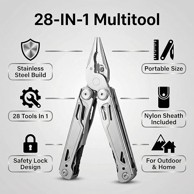 Multitool, 28-in-1 Stainless Steel Multi-Tool with Pocket Knife, Self-locking Pliers, Bottle Opener Professional Multi Tool for Outdoor, Survival, Camping, Hiking, Hunting - Silver