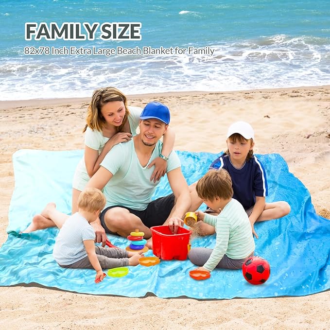 Beach Blanket, Waterproof Sandproof Beach Mat with Stakes and Inflatable Camping Pillow, 79" X 83" Quick Drying Lightweight & Durable Outdoor Picnic Mat with 4 Corner Pockets for Beach Camping