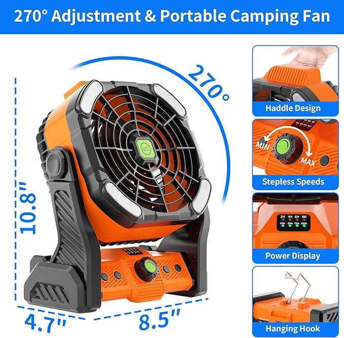 Camping Fan with LED Lantern, Portable Battery Powered Fan Rechargeable for Outdoor Camping Fans, 270°Head Rotation, Quiet USB Table Fan Battery Operated for Tent Beach Picnic Orange X26