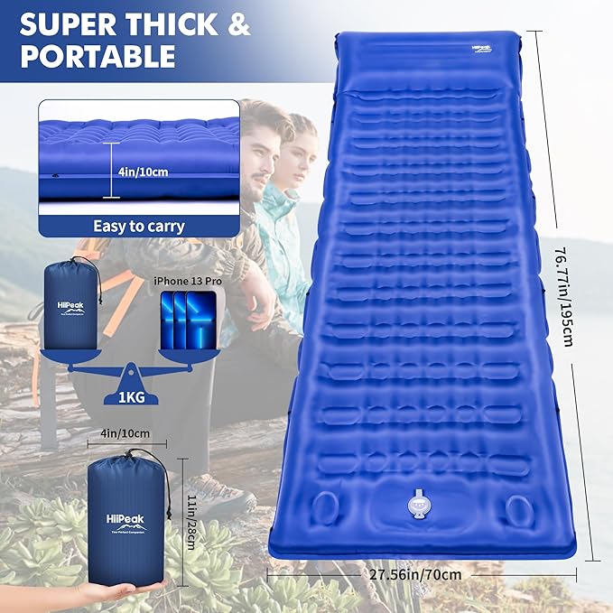 HiiPeak Double Sleeping Pad Self Inflating 3" Extra-Thick for 2 Person with Pillow Built-in Foot Pump Inflatable Sleeping Mat for Backpacking, Hiking, Traveling, Tent, Camping Mat (Single Blue)