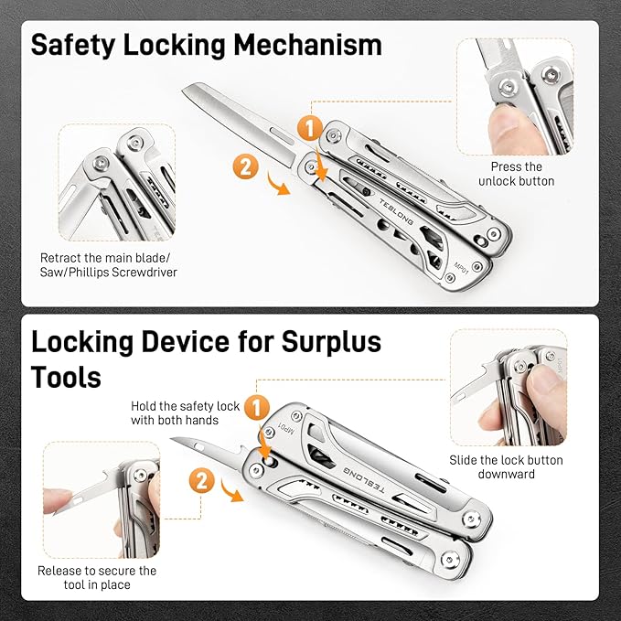 Teslong 18-in-1 EDC Multitool Pliers with Scissors, Pocket Knifes with Screwdrivers, Replaceable Wire Cutters and Saw with Self-locking, Outdoor, Survival, Camping, Stainless Steel, Gift for Men Dad