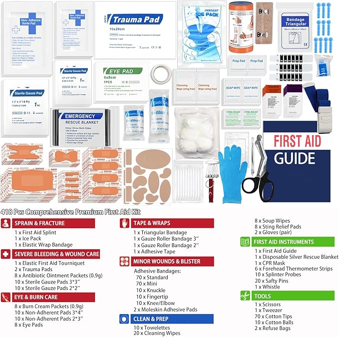 Premium Waterproof First Aid Kit (418 Pieces) for Car & Home - Color-Coded Organized Pockets, Dual-Handle Design | Emergency Survival Kit for Hiking, Camping, Backpacking and Outdoors