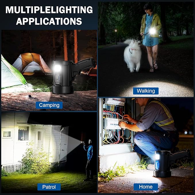 2,000,000 Lumens Rechargeable Spotlight Flashlight, Super Bright Handheld LED Spot Light with Solar Panels, COB Light & 3 Color Filters, IPX5 Waterproof for Camping, Boating, Home