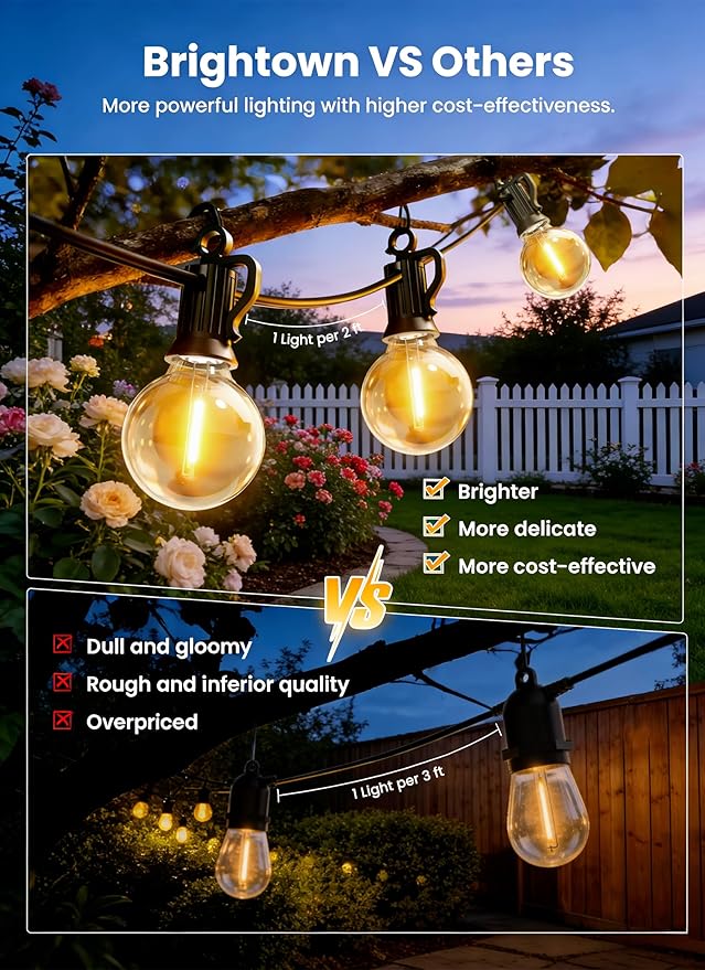 Brightown 58FT Solar String Lights Outdoor with Remote Cable Ties Hooks, 26 LED Shatterproof Bulbs, 3 Light Modes, Dimmer & Timer, Commercial Grade Patio Lights for Yard Balcony Pergola Party Decor