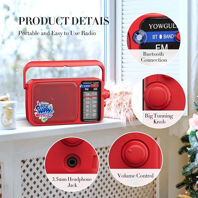YOWGULF AM FM Radio with Best Reception,Bluetooth Portable AM FM Transistor,Battery Operated Radios or AC Power,Large Dial,Headphone Jack, Gifts for Seniors Elderly