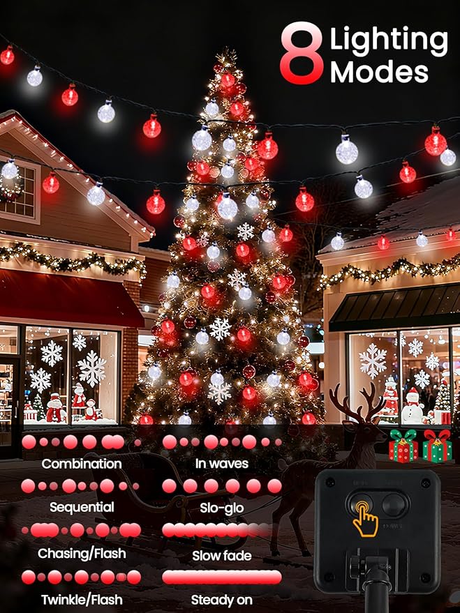 Red and White Solar String Lights Outdoor, Waterproof 2-Pack Total 100 LED 64FT Crystal Globe Solar Lights for Outside, Patio Decorations with 8 Lighting Modes for Xmas Tree Wedding Patio Party