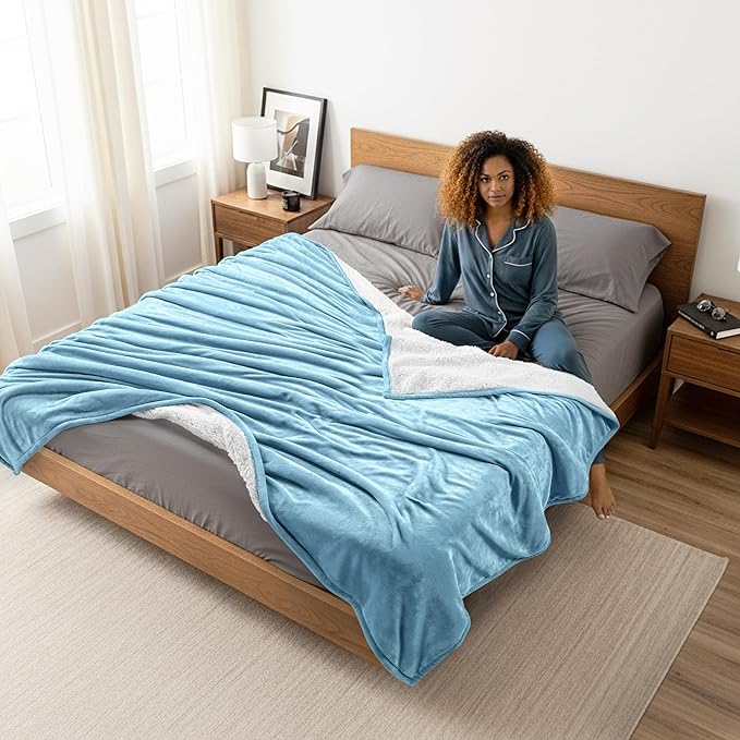 Utopia Bedding Sherpa Blanket King Size (Washed Blue, 90x102 Inches) - Soft Lightweight Plush Fleece Reversible Blanket for Bed, Sofa, Couch, Camping and Travel