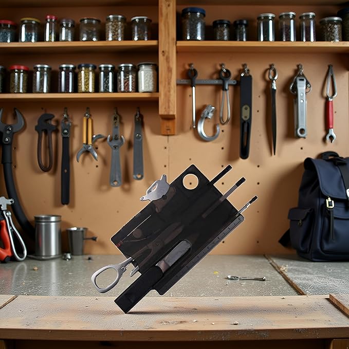 Black 12-in-1 Pocket Multi Tool - Credit Card Size Survival Gear for EDC | Outdoor Compact Multitool Kit with Keychain,Hand Tools and Accessories