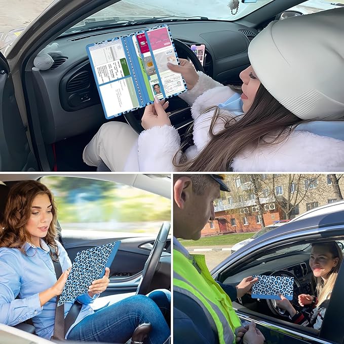 Car Registration and Insurance Holder, with Magnetic Closure for License, Cards and Documents, All Vehicle Needs and Car Accessories (Leopard-Blue)