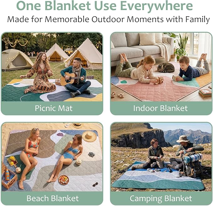 Exclusivo Mezcla Waterproof Picnic Blankets 60x80 Inch, 3 Layer Extra Large, Sandproof and Foldable Outdoor Blanket for Beach Camping, Park and Travel