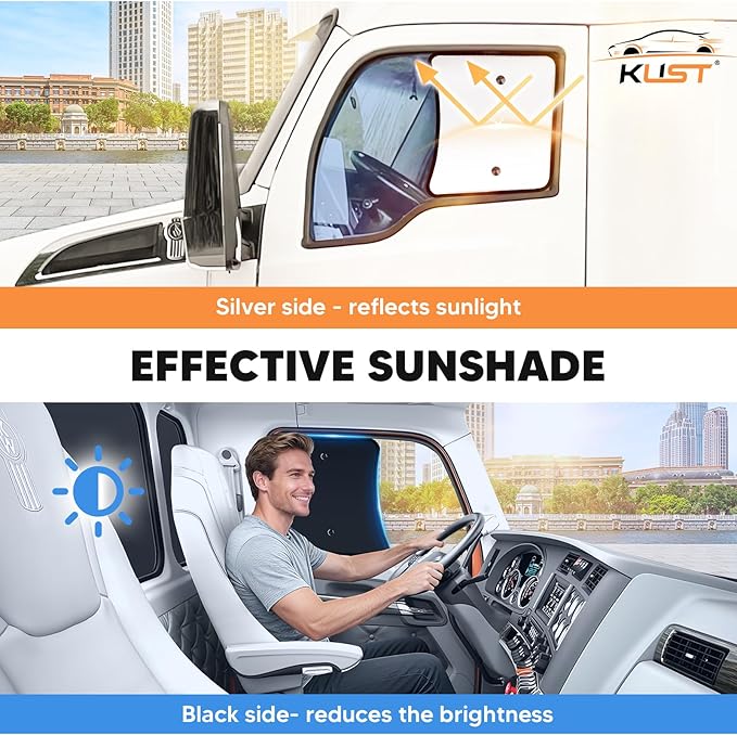KUST 23''×21.6'' Side Window Sun Shade for Semi Truck, RV Semi Truck,Volvo VNL,International Trucks, Freightliner Black&Silver Side Window Shade, Sunshade with Suction Cup, Glare Sun UV Rays 2PCS