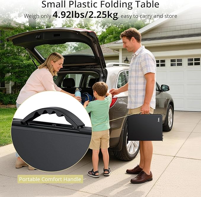 Anbte 2ft Small Folding Camping Table, Waterproof Flat Plastic Tabletop 3 Adjustable Height Portable Camping Table with Storage Net, for Picnic Indoor Outdoor Travel Beach, 22.8" X 15.7", Pure Black