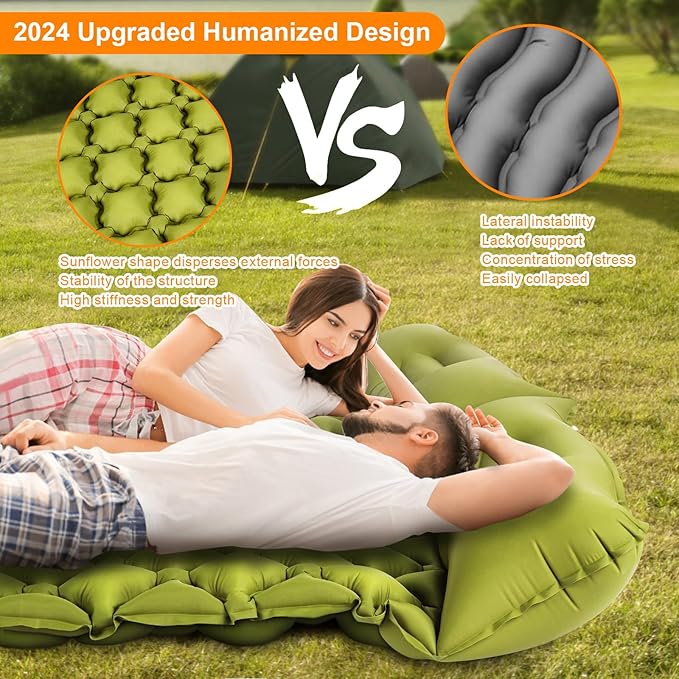 Double Sleeping Pad, Ultralight 4" Extra-Thick Self Inflating Sleeping Mat for 2 Person with Pillow Built-in Foot Pump Portable Camping Mat for Backpacking, Hiking, Traveling, Tent, Camping