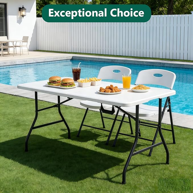 Folding Table, 5FT Foldable Picnic Table with Carrying Handle, Heavy Duty Fold-in-Half Portable Table for Weddings, Camping, RV Travel, Parties, BBQs, and Indoor Use, Easy to Fold and Store, White