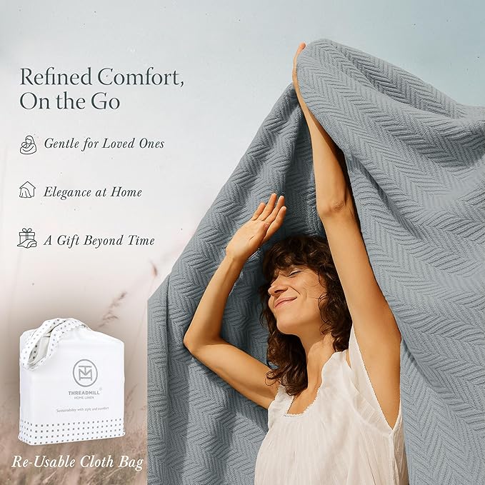 Threadmill Luxury Cotton Blankets for Twin Size Bed | All-Season 100% Cotton Twin Blanket for Bed | Herringbone Soft & Cozy Fall Thermal Blanket, 350GSM, 68x92 inches | Scottish Grey