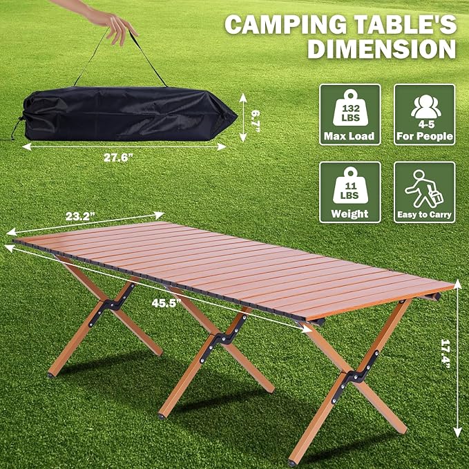 Camping Table Folding, 132 lbs Capacity & 11 lbs Lightweight, 45.5x23.2 Inch Portable Roll Up Low Picnic Table with Carry Bag for 4-6 Person, Beach, Backyard, BBQ, Camping