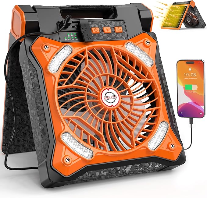 KITWLEMEN Upgraded Solar Camping Fan with Lantern - Rechargeable Battery Operated Fan, 36H Run Time Max, 4 Speeds, 8H Timer, 90° Adjustable Portable Desk Fan for Hurricane, Power Outage, Outdoor Use