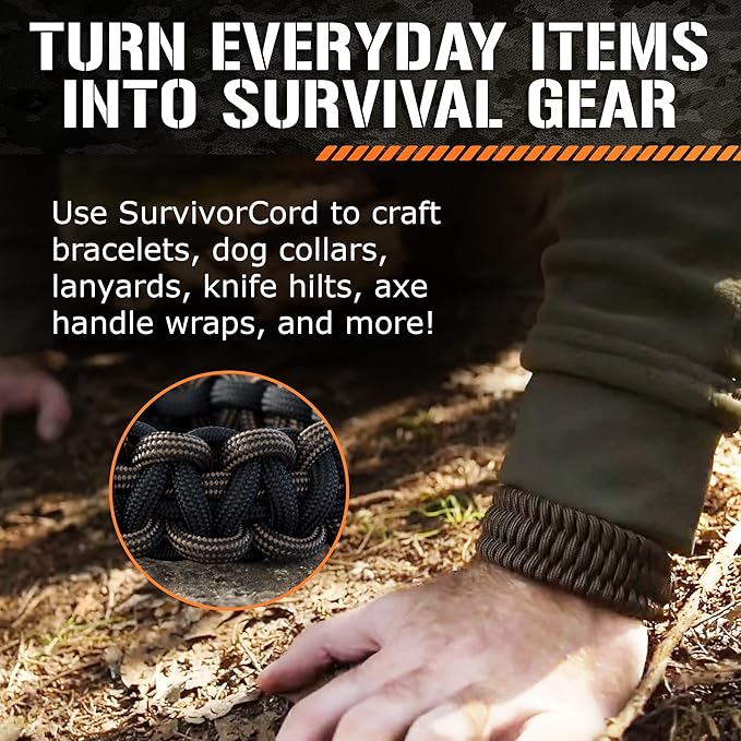 SurvivorCord Paracord - From Titan Survival - Patented 620LB Strength 550 Military Paracord with 3 Strands - Heavy Duty 550 Hank Cord Camping & Outdoor - Paracord with Firestarter & Survival Cord