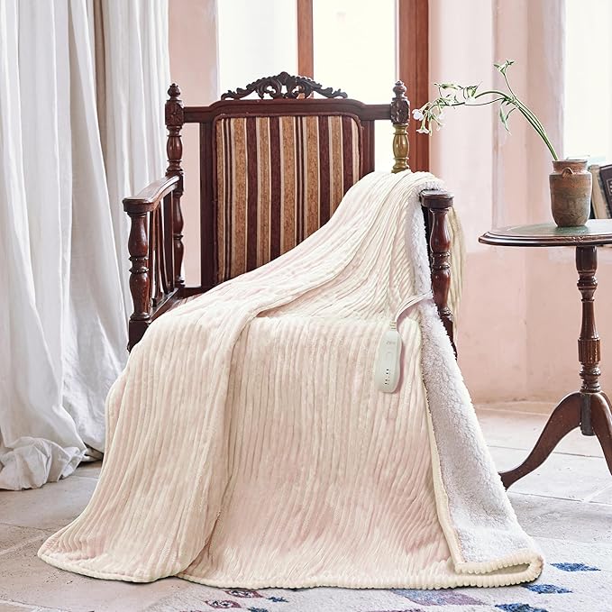 Texciting Heated Blanket Electric Throw 50”X60”-Heating Blanket with 5 Heat Settings-3 Hours Auto Off,ETL Certified,Machine Washable (Beige)