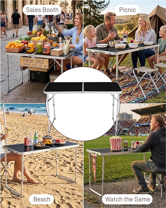 Outvita 4ft Portable Folding Camping Table, Outdoor Waterproof Adjustable Height Table, Aluminum Lightweight Suitcase Foldable Table for Picnic BBQ Beach Dining