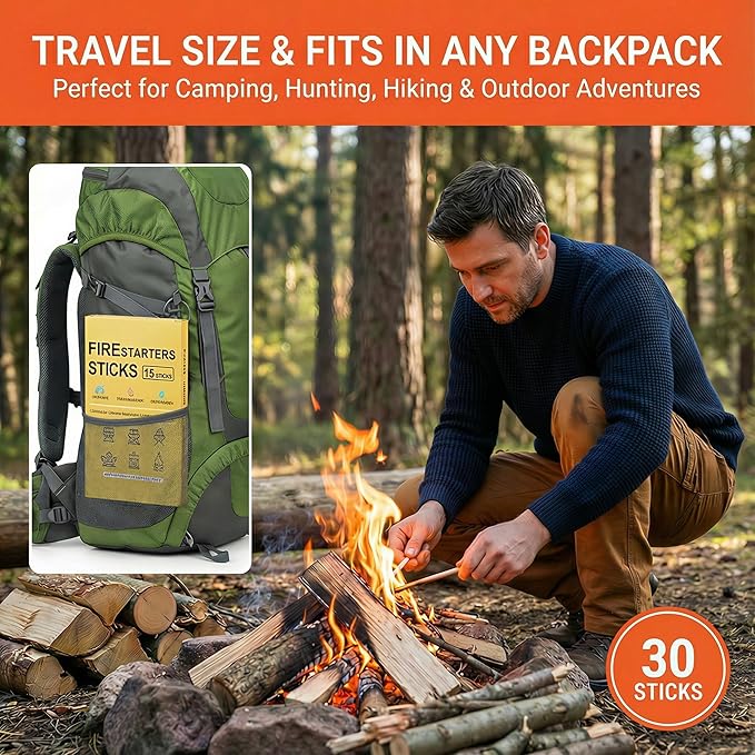 Natural Fire Starter for Grills: Quick Start Fire Starters Sticks for Campfires Outdoor Firepit Indoor Fireplaces BBQ & Wood Stove - Odorless Charcoal Firestarter Blocks 30 Count
