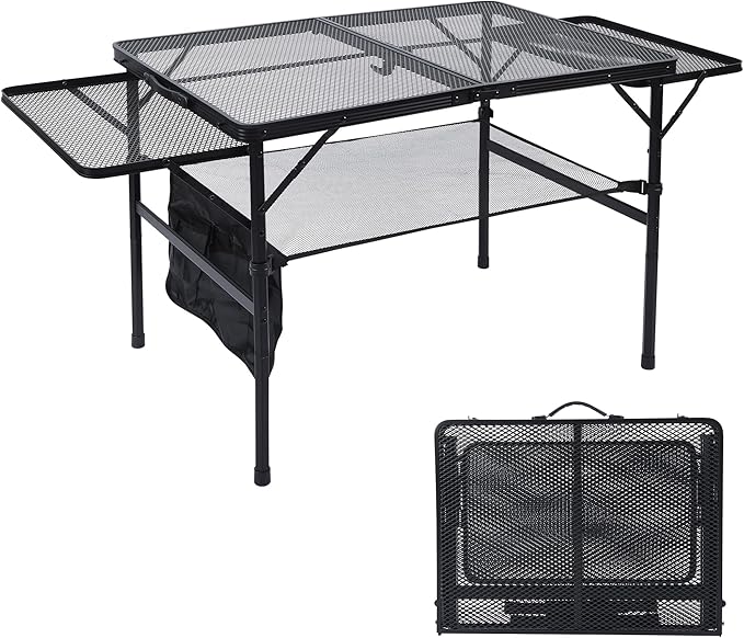 JOUYEK Folding Grill Table, 3x2 FT Portable Camping Table with 2 Wing Panels, Height Adjustable Metal Tables with Mesh Desktop and Mesh Bag, Outdoor Furniture for Camping, Picnic, Beach and BBQ, Black
