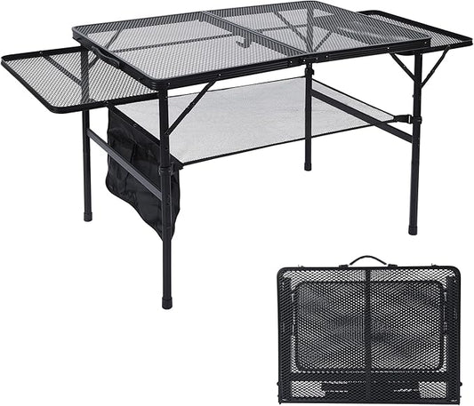 JOUYEK Folding Grill Table, 3x2 FT Portable Camping Table with 2 Wing Panels, Height Adjustable Metal Tables with Mesh Desktop and Mesh Bag, Outdoor Furniture for Camping, Picnic, Beach and BBQ, Black