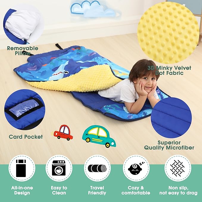 ACRABROS Toddler Nap Mat with Pillow and Blanket, Large Rolled Napping Mats,Slumber Bags for Boys Girls,Kids Sleeping Bag for Daycare, Preschool Travel