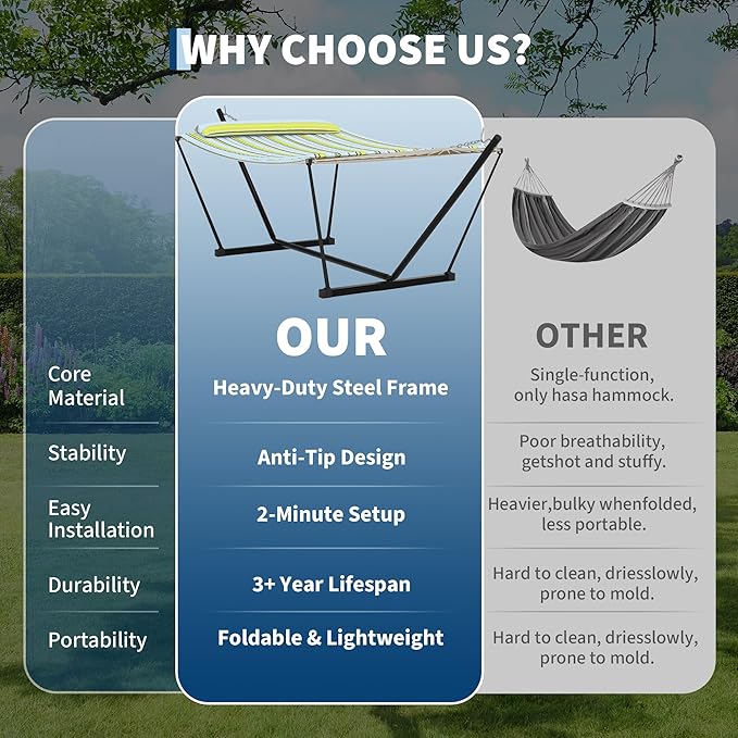 Garvee 2 Person Portable Double Hammock for Outdoor with Pillow, Heavy Duty Portable Hammock with Adjustable Steel Stand for Patio, Garden, Beach, Backyard