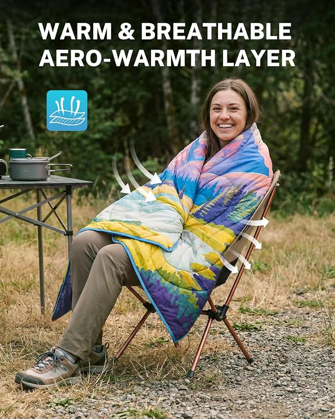 Gonex Camping Blanket with Aero-Warmth Breathable Layer - Puffy Printed Packable Blanket, Ultralight Wearable Water-Resistant Quilt, 79" X 55" for Camping, Beach, Hiking, Travel, Picnics (Landscape)