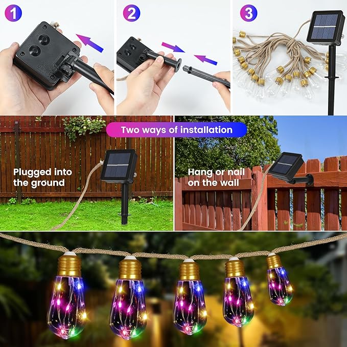 Solar String Lights Outdoor, 24FT Vintage Rope Hemp Solar String Lights for Outside with 20 Shatterproof Bulbs, Waterproof 8 Modes Solar Powered Patio Lights for Garden Fence Balcony Camping