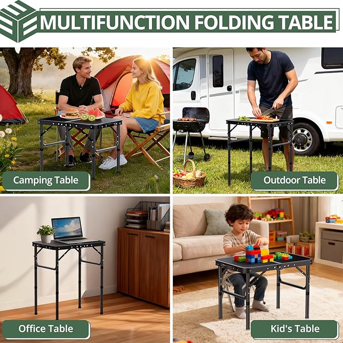 EYPINS Folding Camping Table Portable - Pure Black Aluminum 22.8x15.7'',3 Height Adjustable Small Outdoor Folding Table,Waterproof Lightweight Table with Carry Handle for Picnic,Cooking,BBQ,Beach