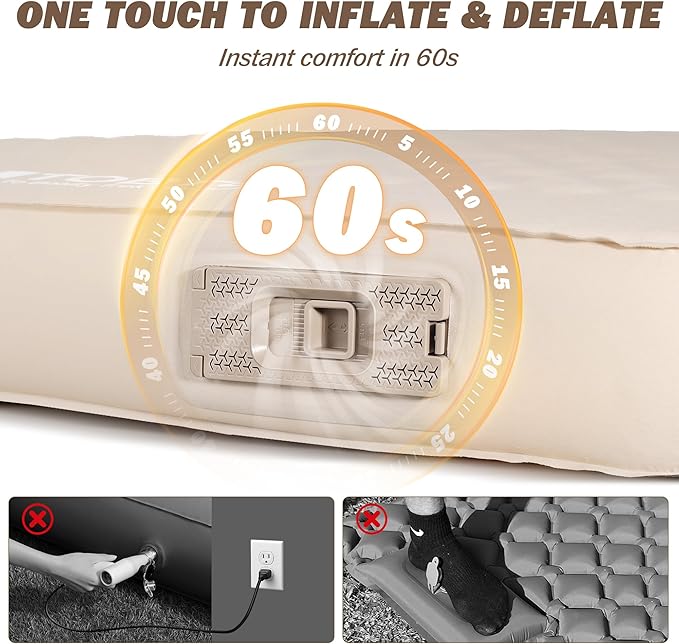 TOBTOS 4" Thick Self Inflating Sleeping Pad with Electric Pump, 60s Inflate Ultra-Compressible Compact Foam Camping Mattress, Insulated Sleeping Mat for Tent, Car, Camping