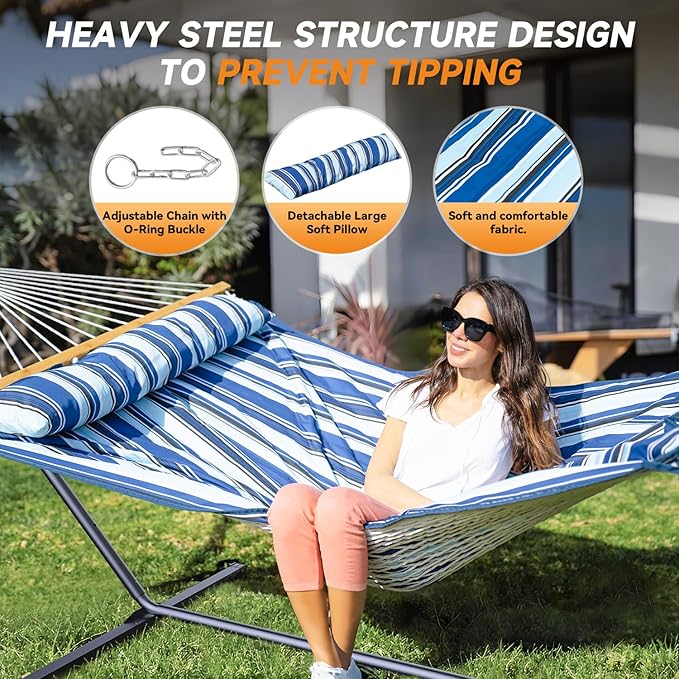 Everyfun 2 Person Outdoor Hammock with Stand, Cotton Rope Hammock with Polyester Pad, Adjustable Steel Frame, Portable with Carrying Bag – for Patio, Backyard, Garden, Beach, Blue