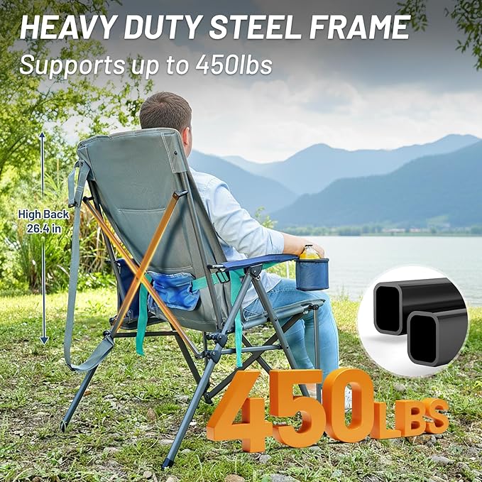 TIMBER RIDGE Oversized Camping Chair with Lumbar Support, Portable Folding Chair Heavy Duty for Adults Supports 450 LBS for Outdoor Camping, Lawn, with High Back, Cup Holder, Side Pocket - Blue, 2Pack