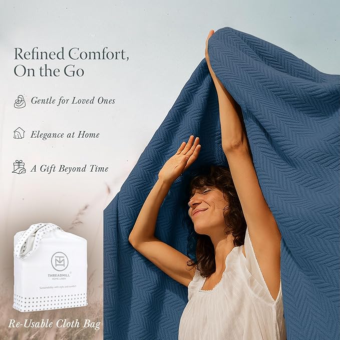 Threadmill Luxury Cotton Blankets for King Size Bed | All-Season Cozy 100% Cotton King Size Blanket | Herringbone Soft Fall Thermal Blanket fits Cal King Size Bed | Folkstone Blue