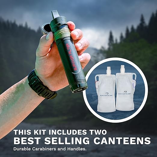 Survivor Filter Squeeze Kit – Emergency Water Straw with 2 Collapsible 33.8 fl oz Bottles – USA-Tested – 0.05 Micron Filtration – Portable Outdoor Water Filter for Camping & Hiking – No Expiration
