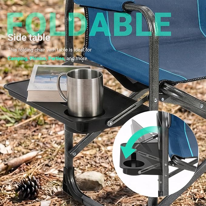 Overmont 2PCS Oversized Lightweight Camping Chair - Portable Comfortable Heavy Duty Foldable Directors Chairs with Side Table & Cooler Bag for Outside Camp Beach Picnic Lawn and Fishing Support 400lbs