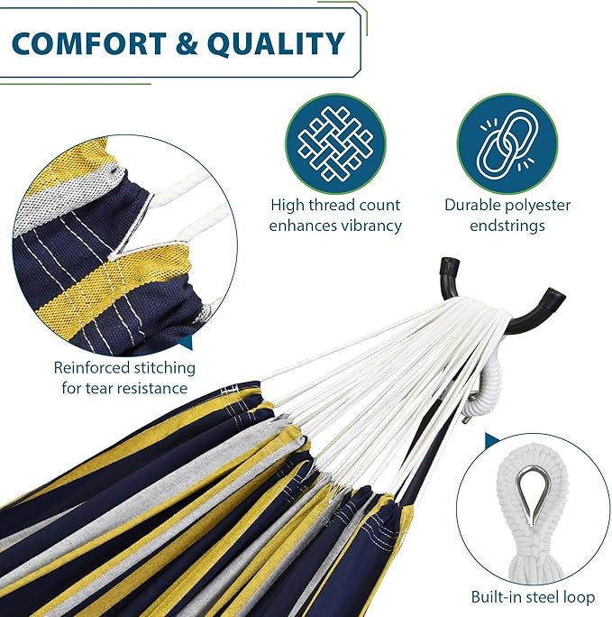 Vivere Double Cotton Hammock with Space Saving Steel Stand, Upgraded Polyester End Strings 450 lb Capacity - Premium Carry Bag Included (Serenity)