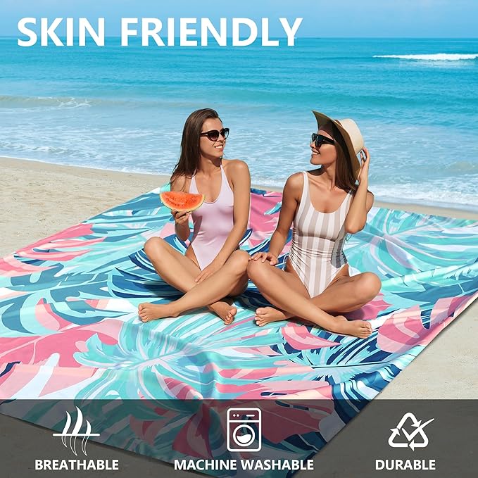 HIHOHO Beach Blanket Waterproof Sandproof Beach Mat for 1-8 Adults Quick Drying Durable Outdoor Picnic Mat for Beach Festival Travel Camping Hiking (Flamingoes-Palm, 79"×83"(4 Person))