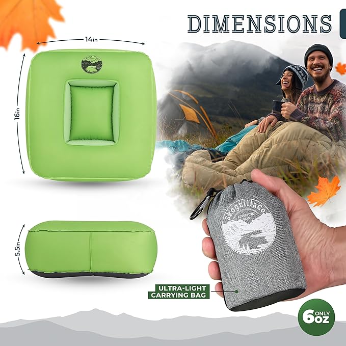SkogzillaCo- Camping Inflatable Pillow Dual Chamber Ultralight Backpacking Pillow for Camping, Hiking & Travel, Blow Up Pillow with Adjustable Neck, Compact Portable- Green
