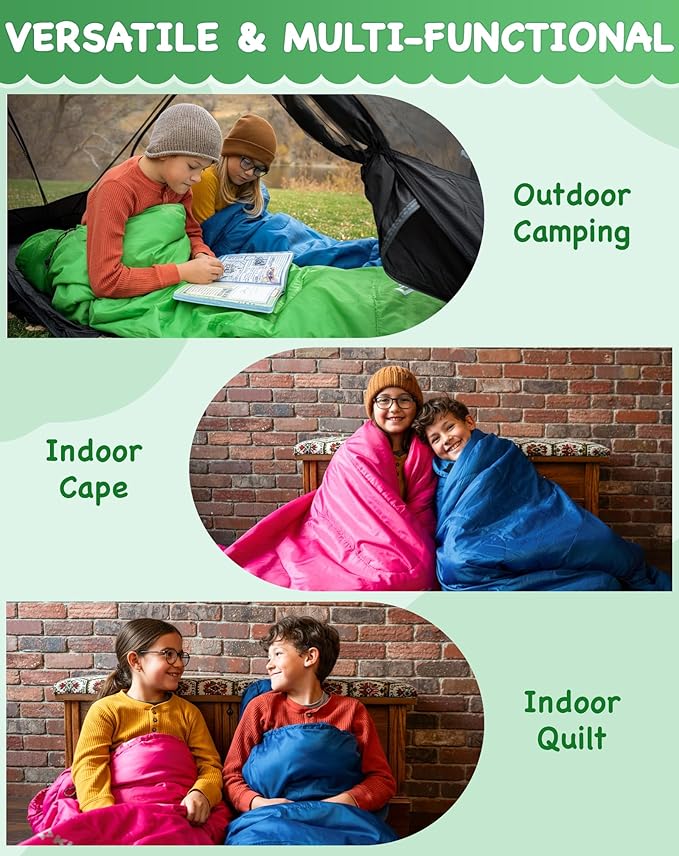 KingCamp 45°F Kids Sleeping Bag, Lightweight Waterproof & Compact Flannel Sleeping Bags Cold Weather & Warm Youth Essentials Gear Accessories for Camping, Fits 10-12 Children up to 4'7"-5'5" Tall