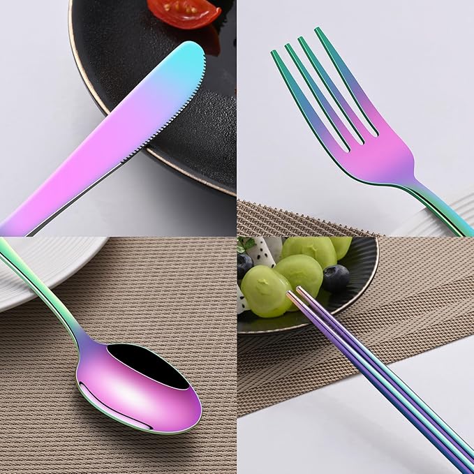 Rainbow Working Lunch Silveware Set,Reusable Travel Utensils Set With Case Includes Stainless Steel Chopsticks Knife Spoon And Fork,Camping Picnic Essentials