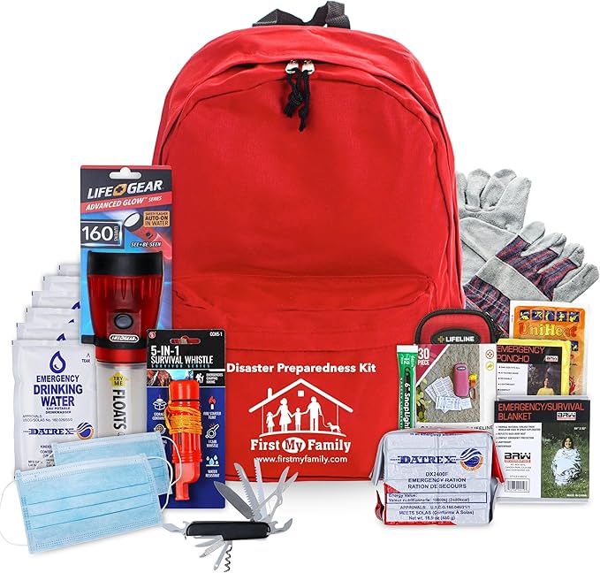 First My Family All-in-One 1 Person, 72 Hour Bug Out Bag Emergency Survival Kit for Family. Be Prepared for Hurricanes, Floods, Tsunami, Other Disasters