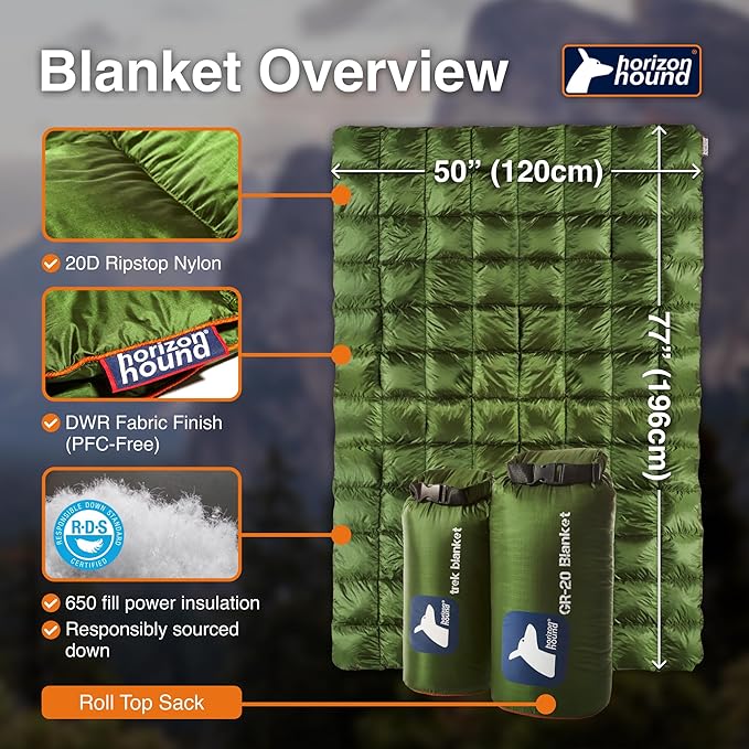 Horizon Hound Puffy Down Camping Blanket - Outdoor Travel Quilt | Sustainable, Insulated, Lightweight & Warm Gear for Sleep, Camping, Stadium, Hiking & Festivals | Water Resistant, Packable & Compact